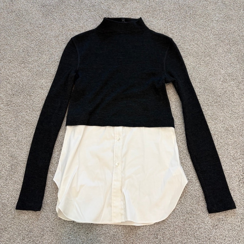 Theory Combo Sweater Womens XS Gray White Layered Office Minimalist Business
